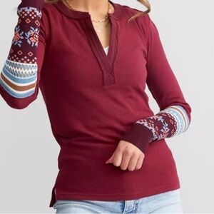 We The Free Burgundy Long Sleeve Top with Patterned Cuffs